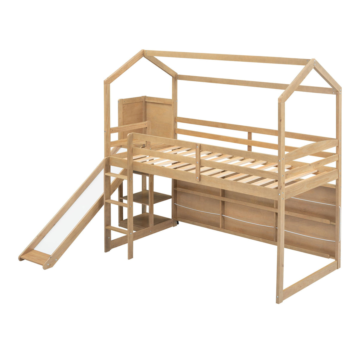 House Loft Bed with Slide and Storage Shelves - Twin with Light