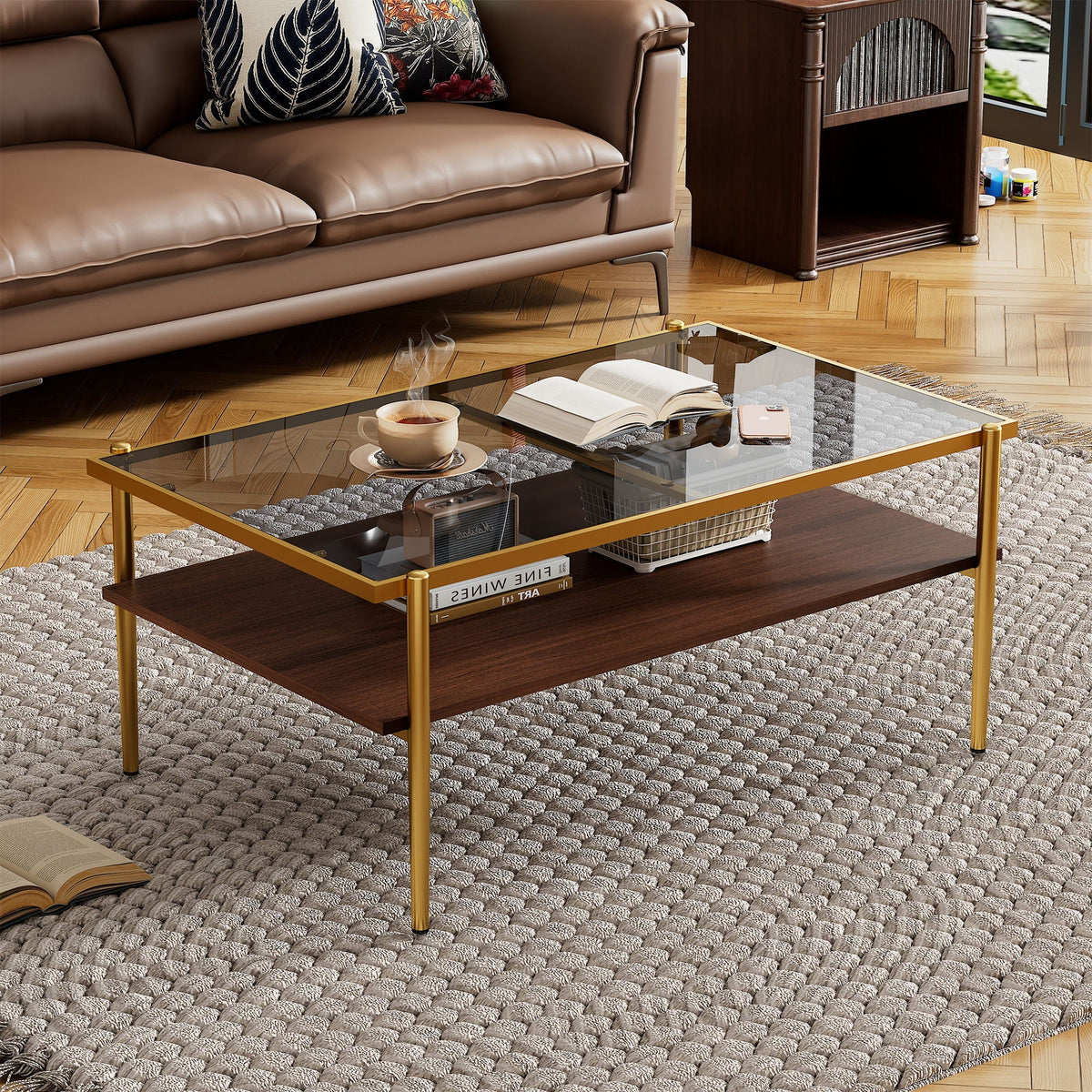 Rectangular Coffee Table with Tempered Glass Top and Metal Legs - Black, Dark Brown, or White