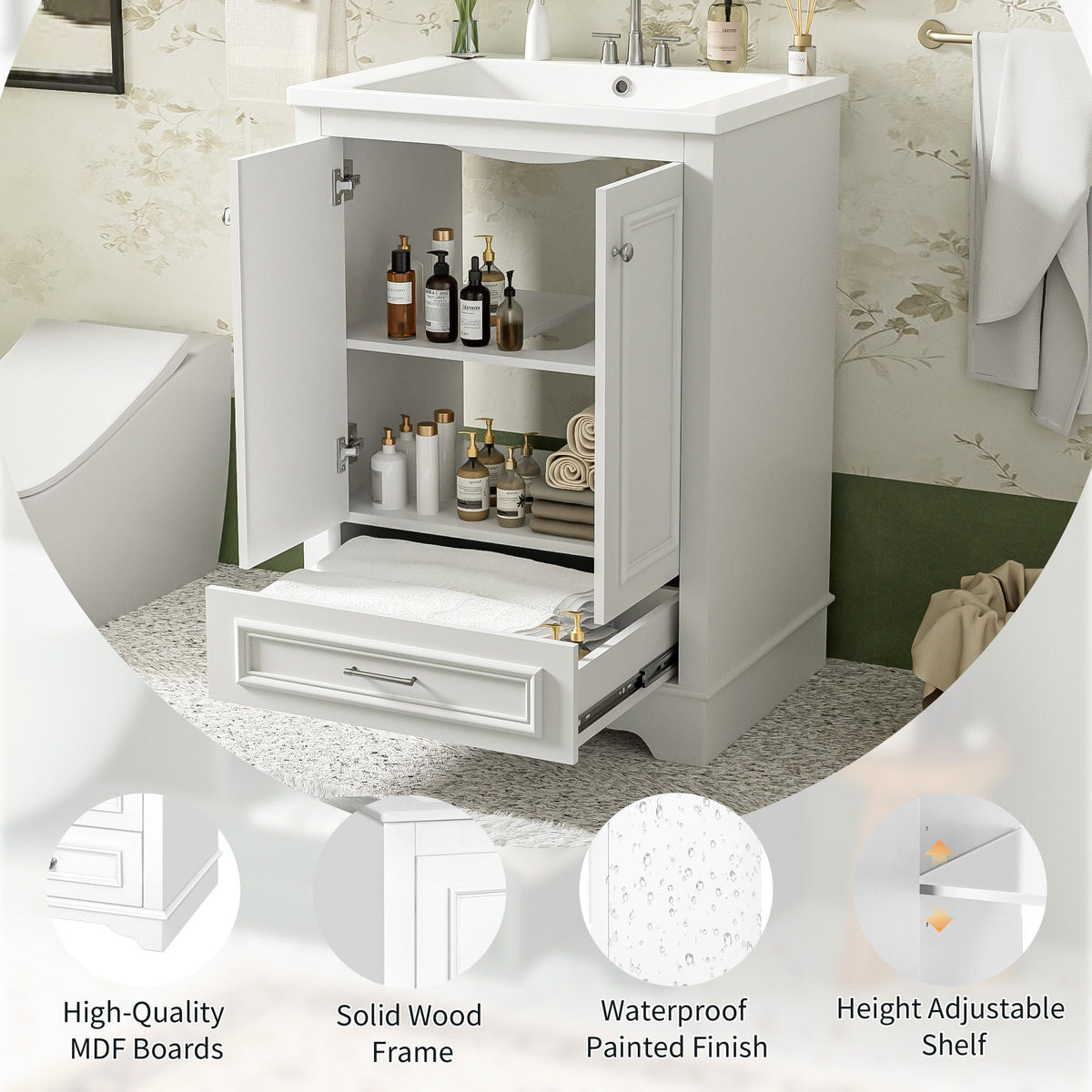 Modern Bathroom Vanity with Ceramic Sink Combo and Storage Cabinet - Multiple Colors