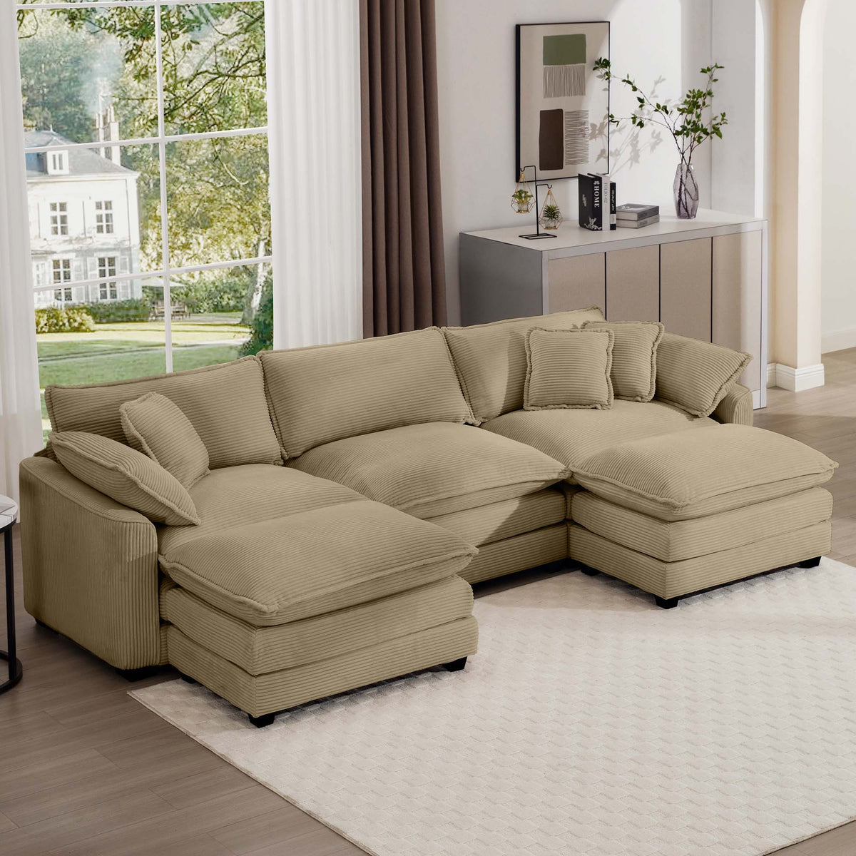 Modern Oversized Modular Cushion Sofa With Ottoman, Low Back, Deep Seating Sofa Set