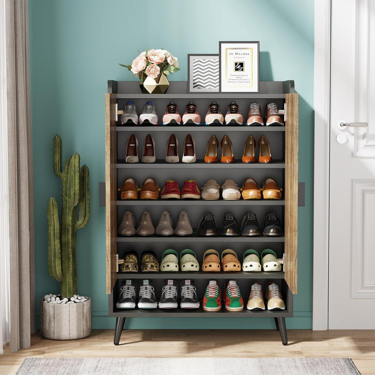 Shoe Cabinet With Doors, 7 Tier Storage Organizer with Adjustable Shelves - Dark Brown, Light Brown, or White