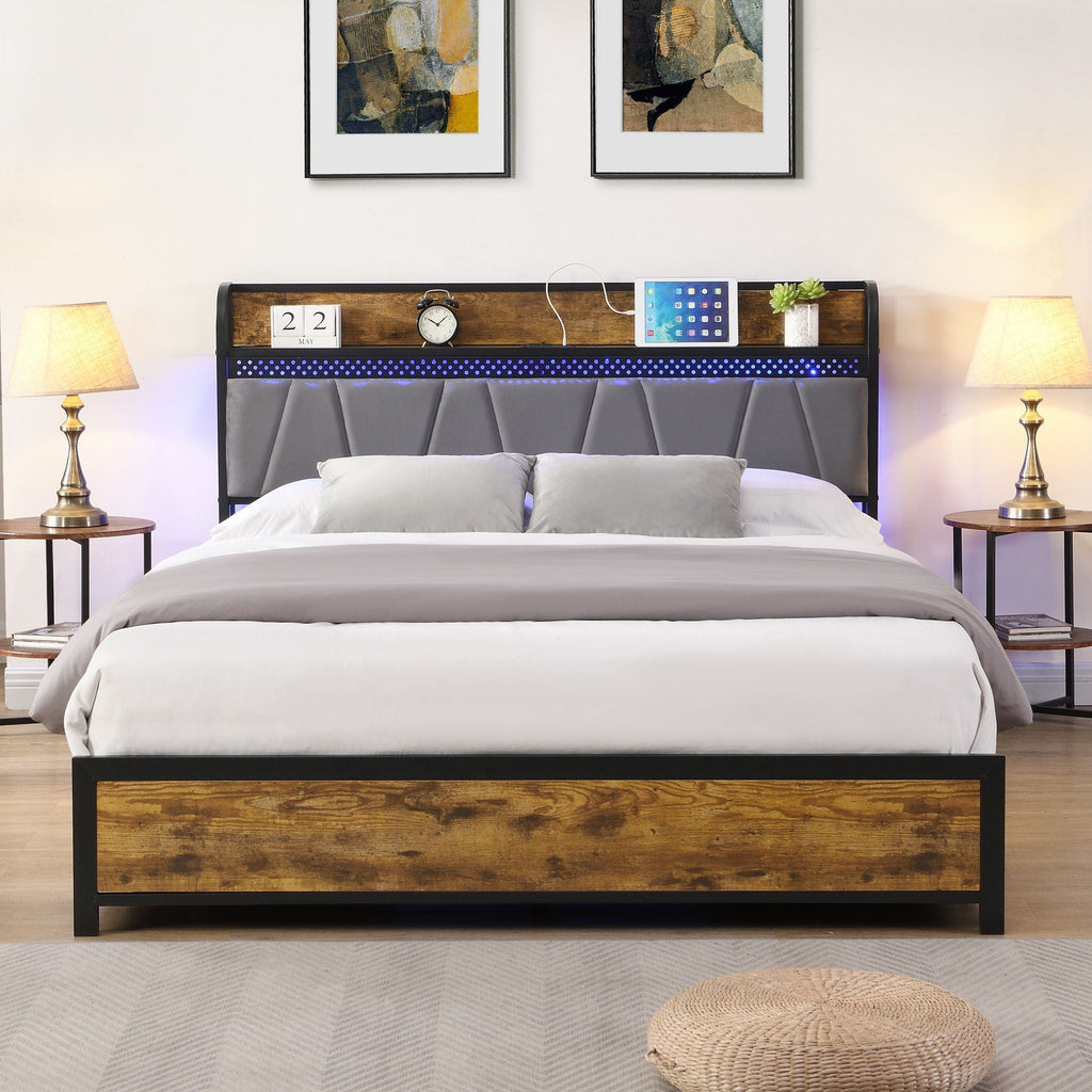 Modern Platform Bed Frame with LED Lights and USB Charging - Dark Brown or Light Brown