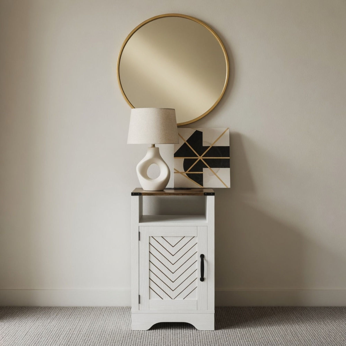 Farmhouse Nightstand with Charging Station & Storage - White