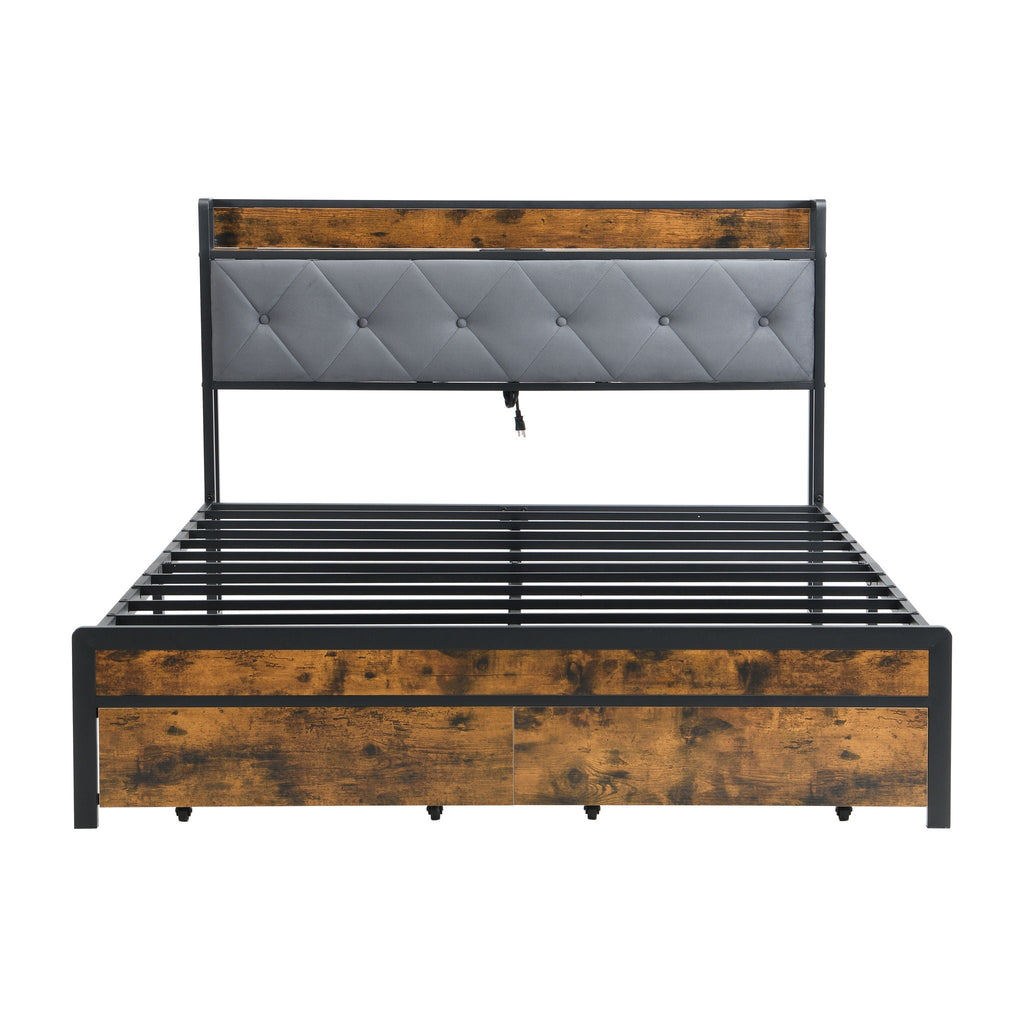 Modern Platform Bed Frame with LED Lights and USB Charging - Dark Brown or Light Brown