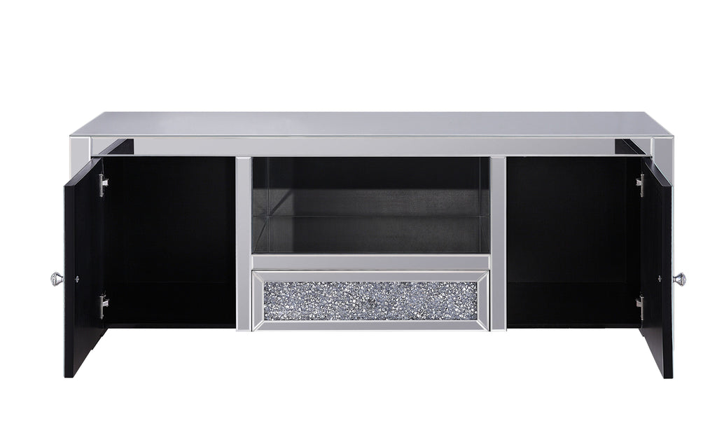 Mirrored TV Stand with Faux Diamonds and Storage - Silver
