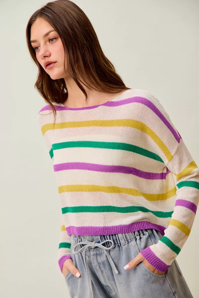 SO ME Mardi Gras Color Stripe Lightweight Sweater Top