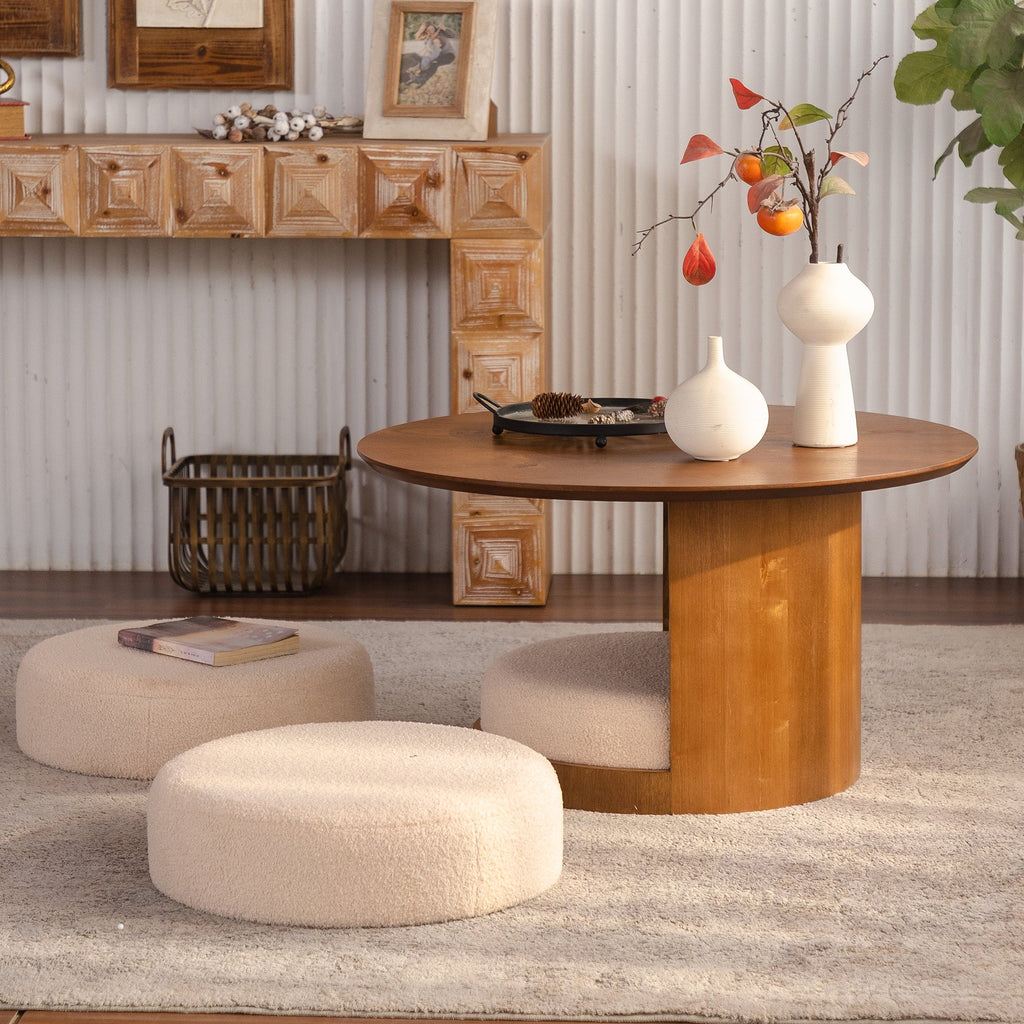 31.5" Round Wood Coffee Table with 3 Teddy Fabric Nesting Stools - Walnut