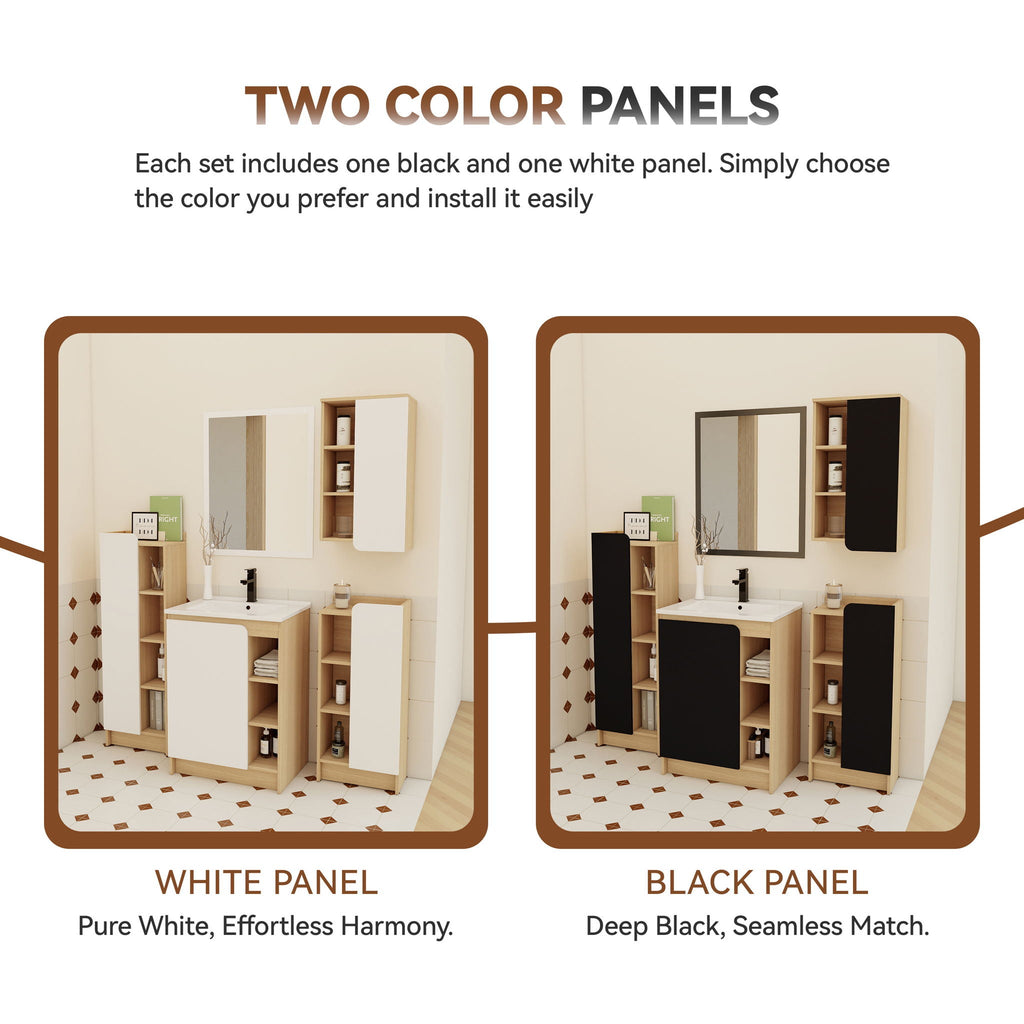 4 Piece Bathroom Vanity Set with Integrated Ceramic Sink and Storage - Black, Light Oak, White