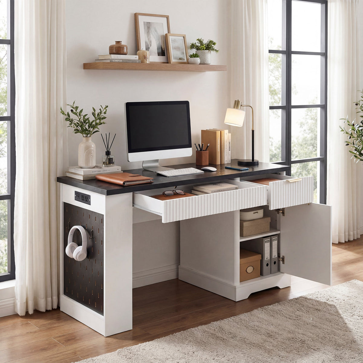 55" Modern Fluted Office Desk with Storage Cabinet & Drawers - MDF