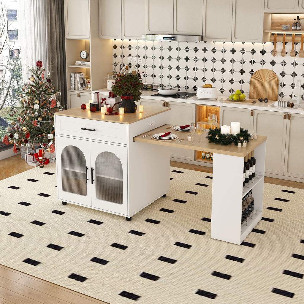 Expandable Kitchen Island with Power Outlet - Wood, White or Black