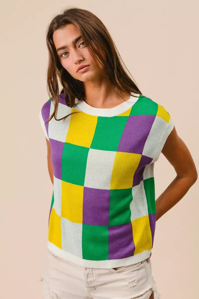 BiBi Mardi Gras Checker Pattern Sleeveless Sweater Top