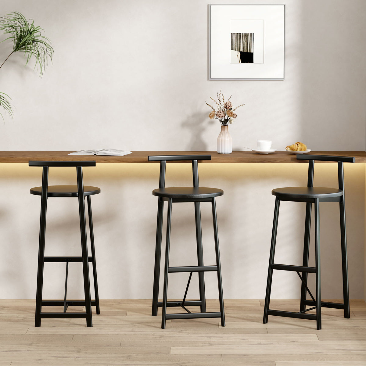 Modern Bar Stools with Backrest for Kitchen – Set of 3 – White or Black