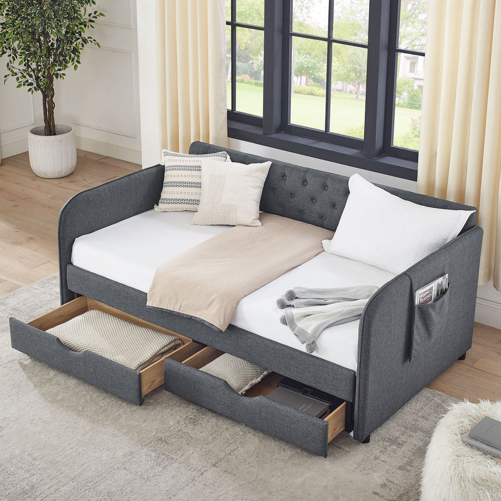 Daybed with Trundle and Storage Drawers - Twin, Fabric Upholstered - Multiple Colors