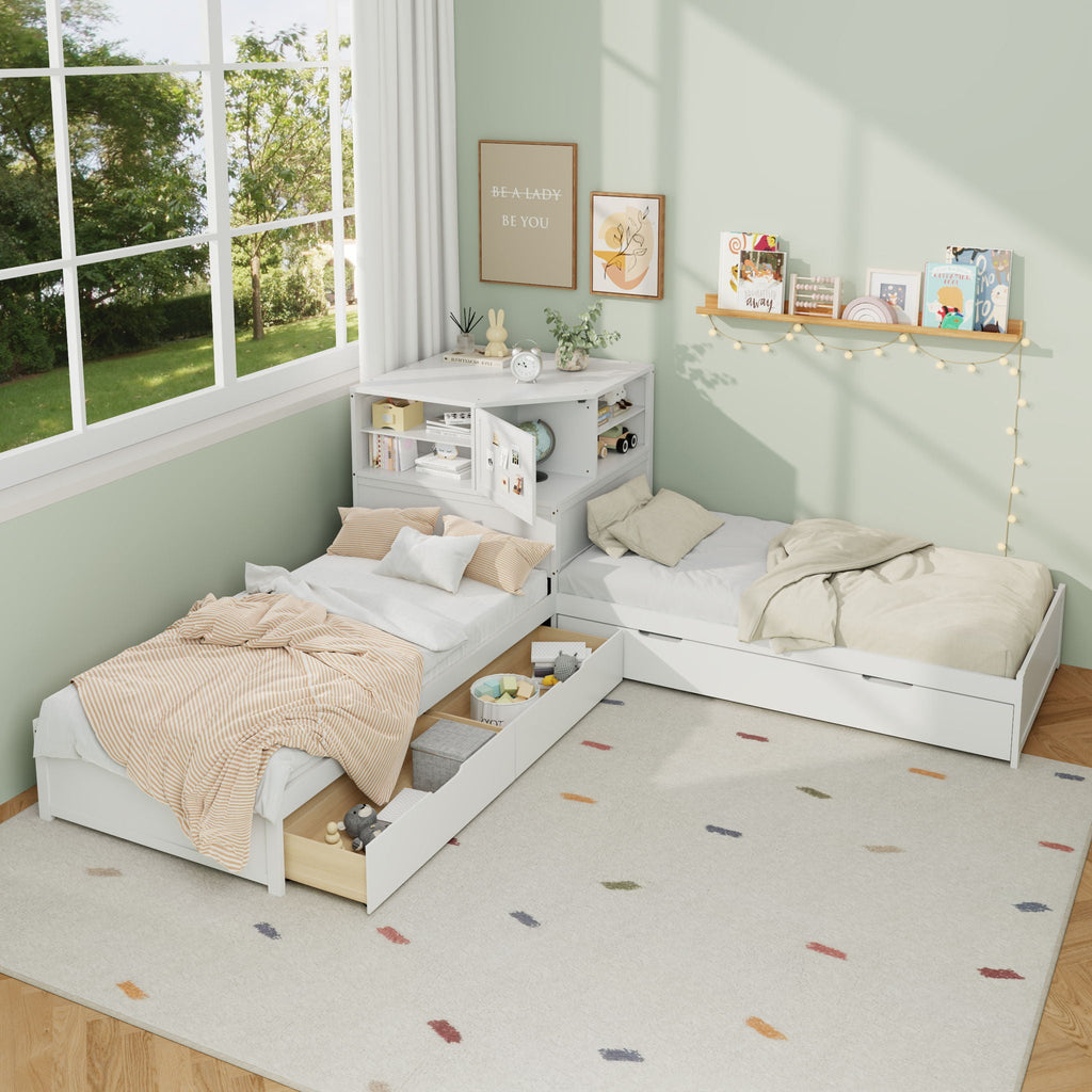 L-Shaped Bed Frame with Trundle, Desk & LED Lighting - Twin