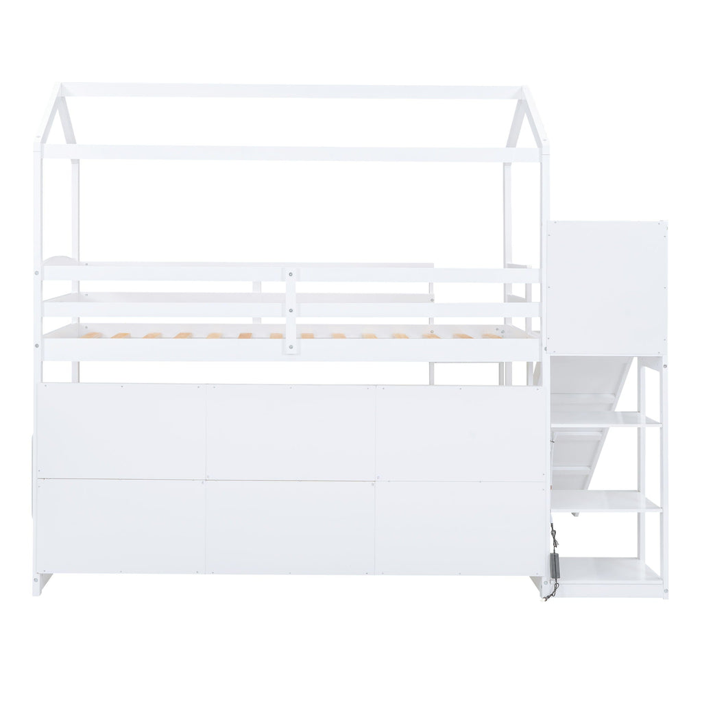 House Loft Bed with Slide and Storage Shelves - Twin with Light