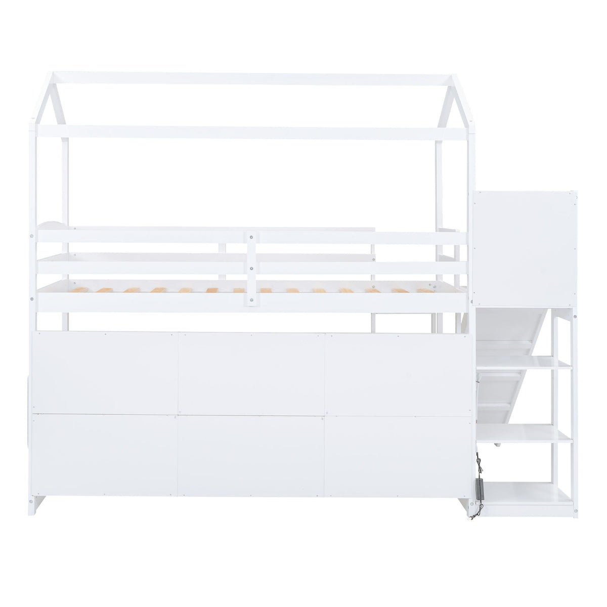 House Loft Bed with Slide and Storage Shelves - Twin with Light
