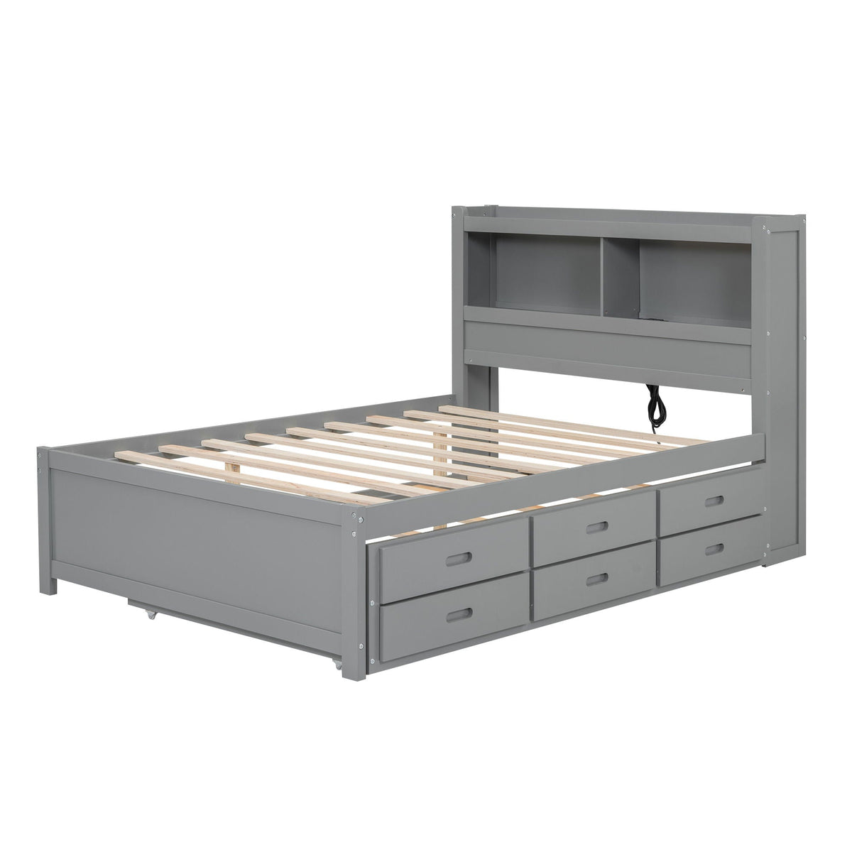 Full Size Platform Trundle Bed with Drawers and USB Ports - Gray