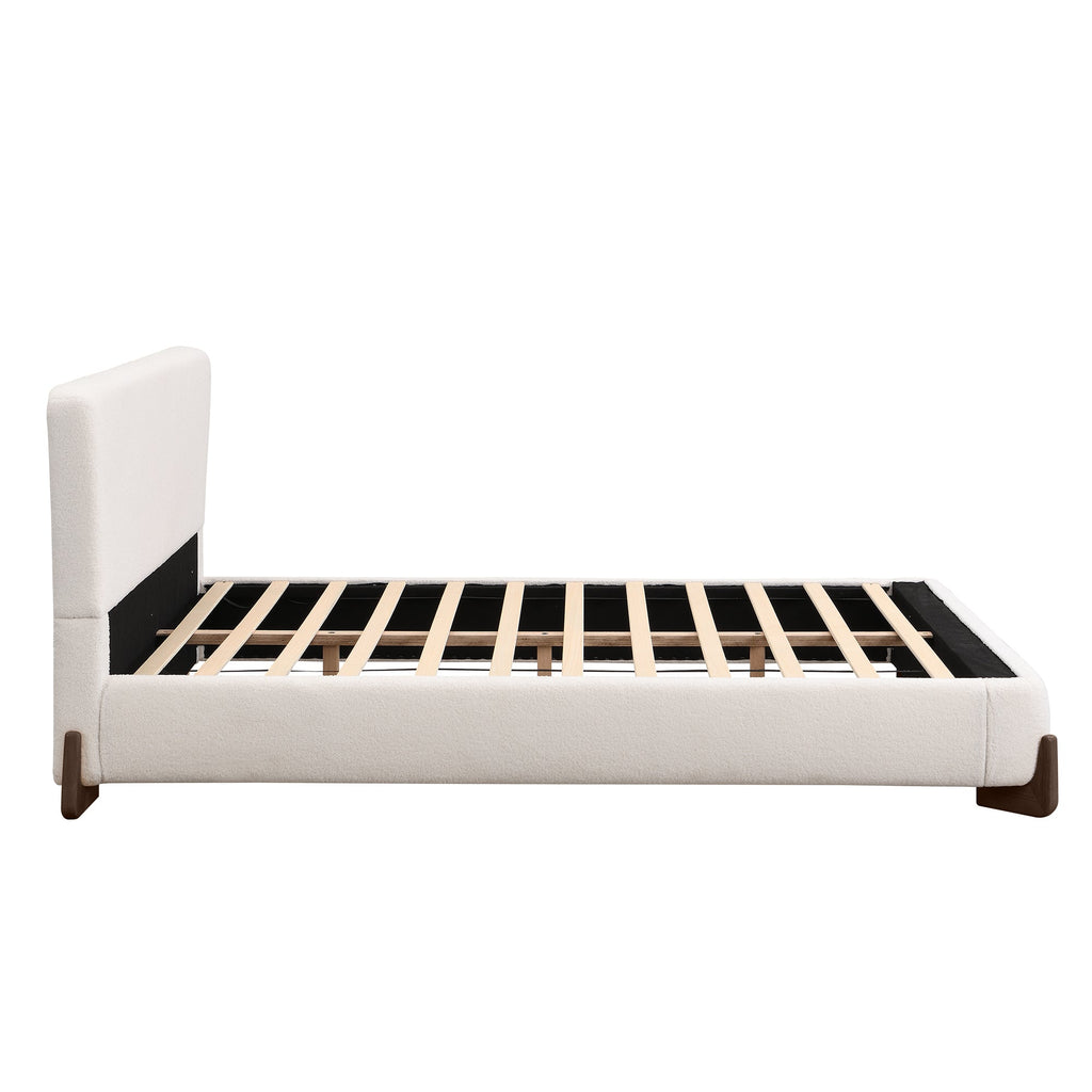 Elegant Terry Upholstered Bed with Solid Wood Legs - White