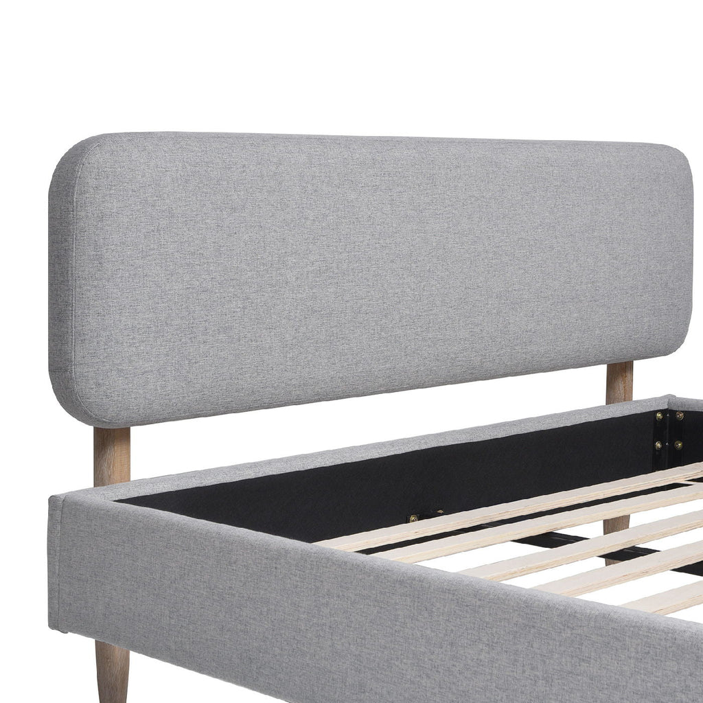 Low Upholstered Platform Bed with Natural Wood Legs - Gray