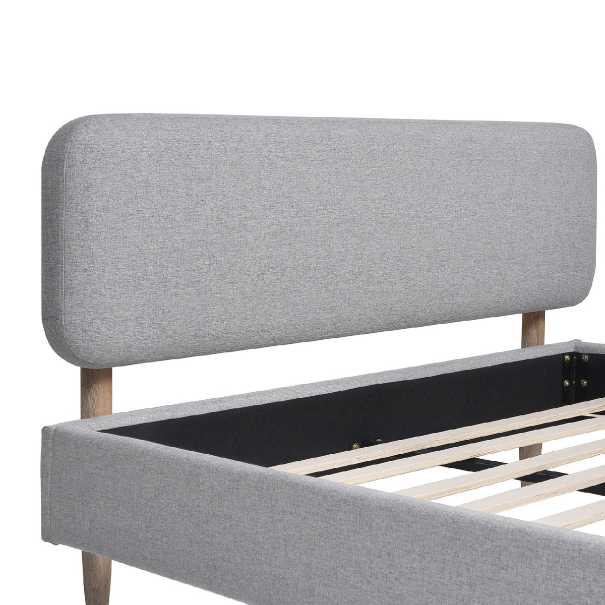 Low Upholstered Platform Bed with Natural Wood Legs - Gray