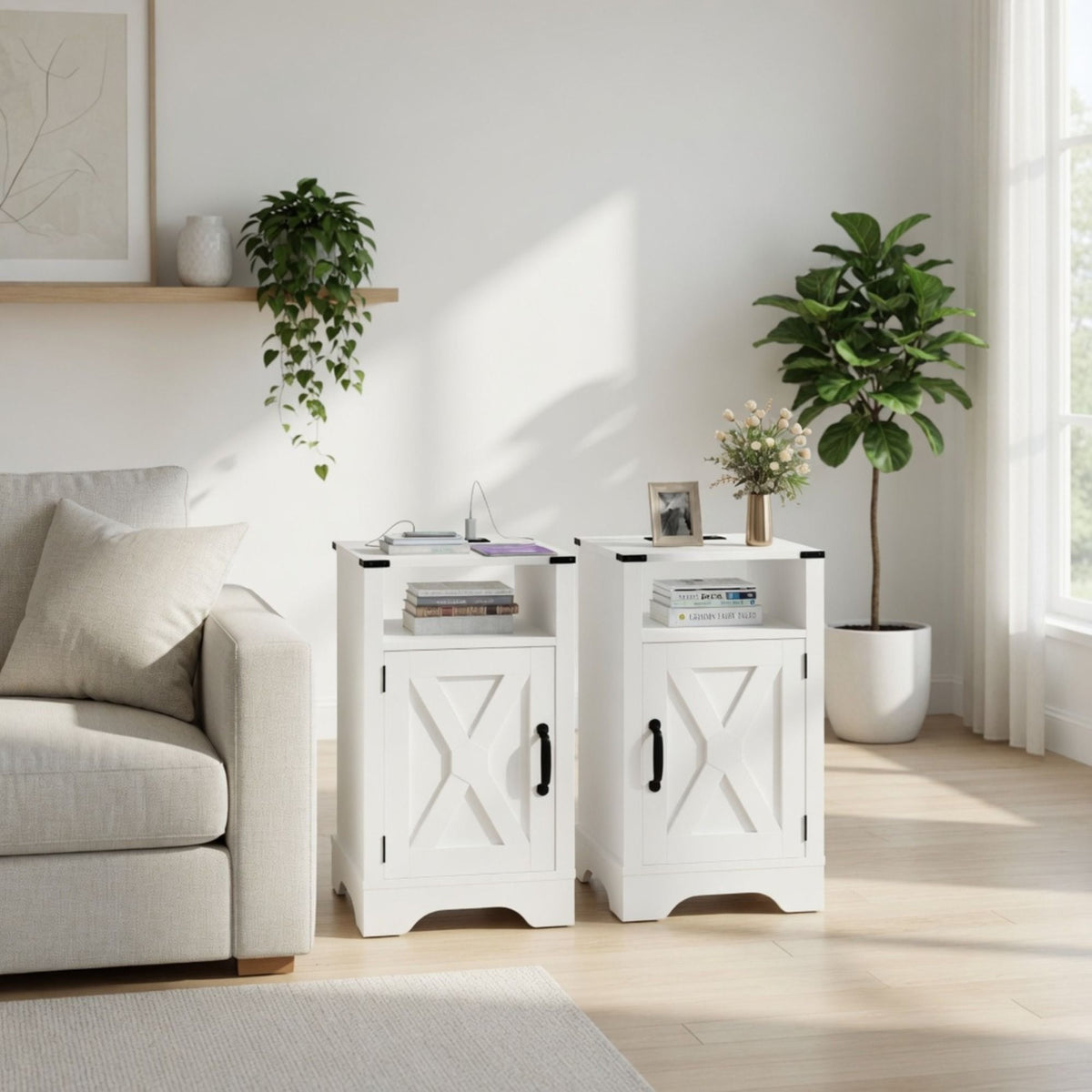 Farmhouse Nightstand with Charging Station & Storage - Multiple Colors