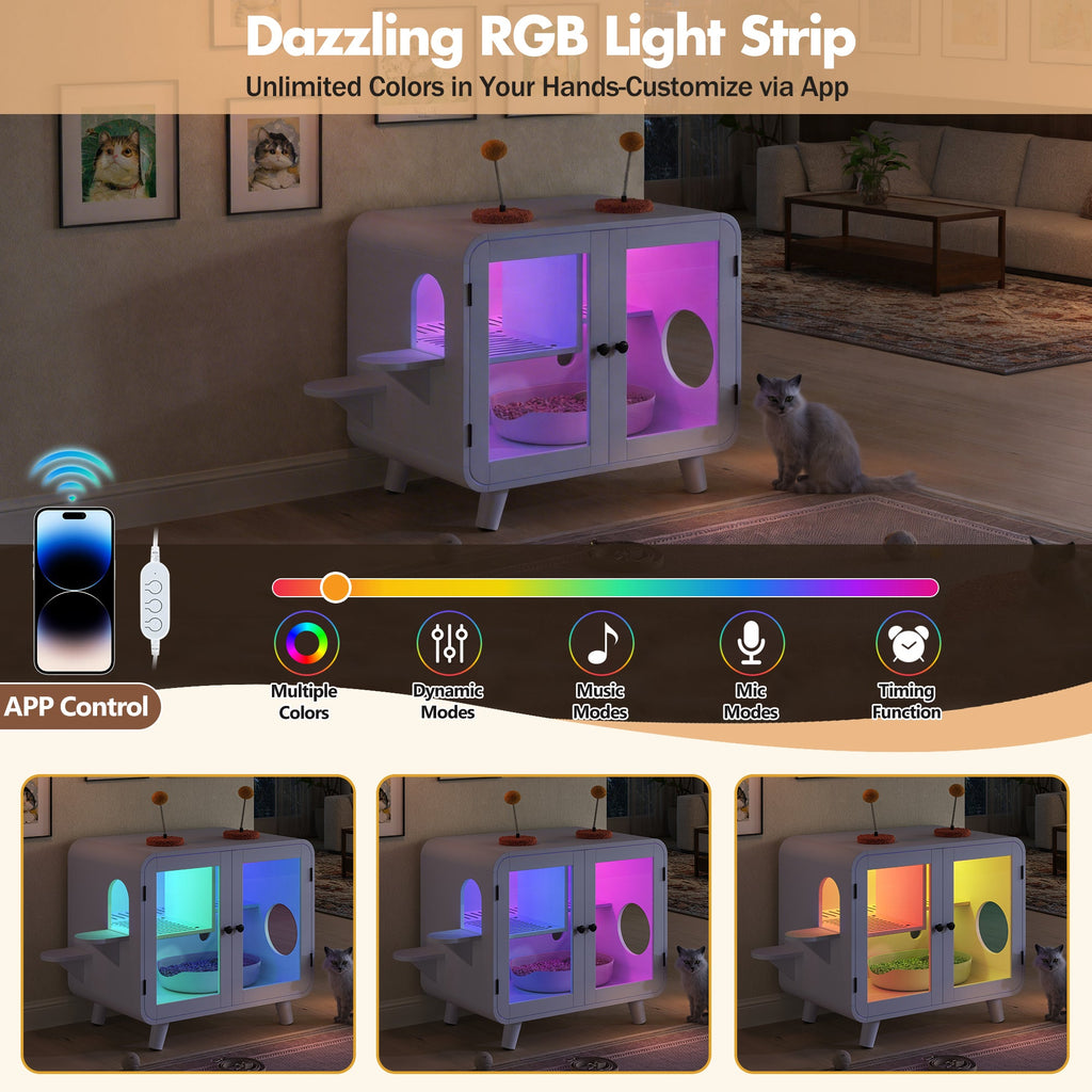 Cat Hidden Litter Box Enclosure with RGB LED Light - White