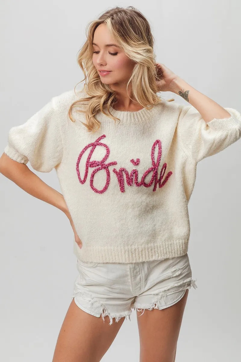BiBi Metallic Letter Short Puff Sleeve Hairy Sweater