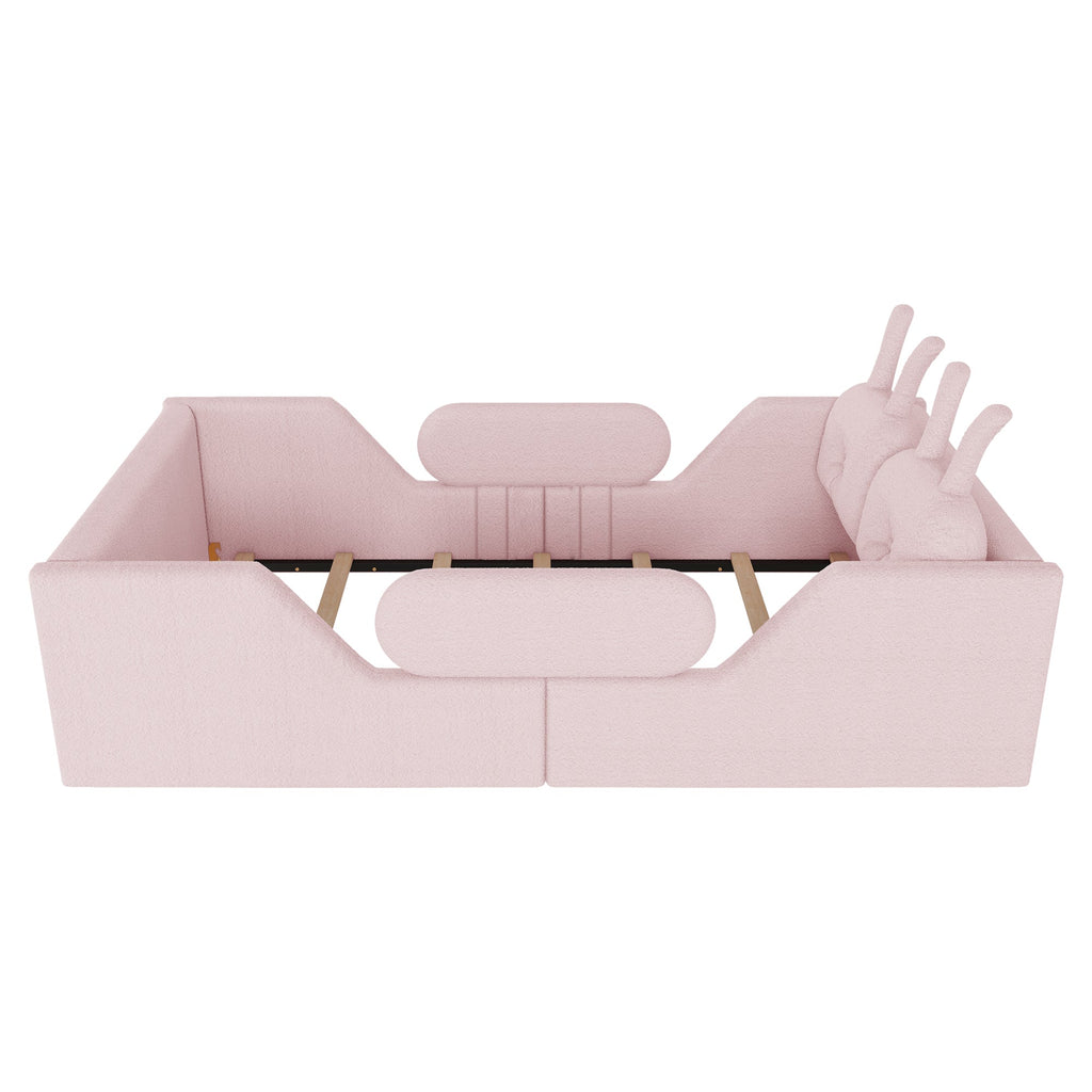 Twin Size Upholstered Platform Bed with Rabbit Cushion – Pink