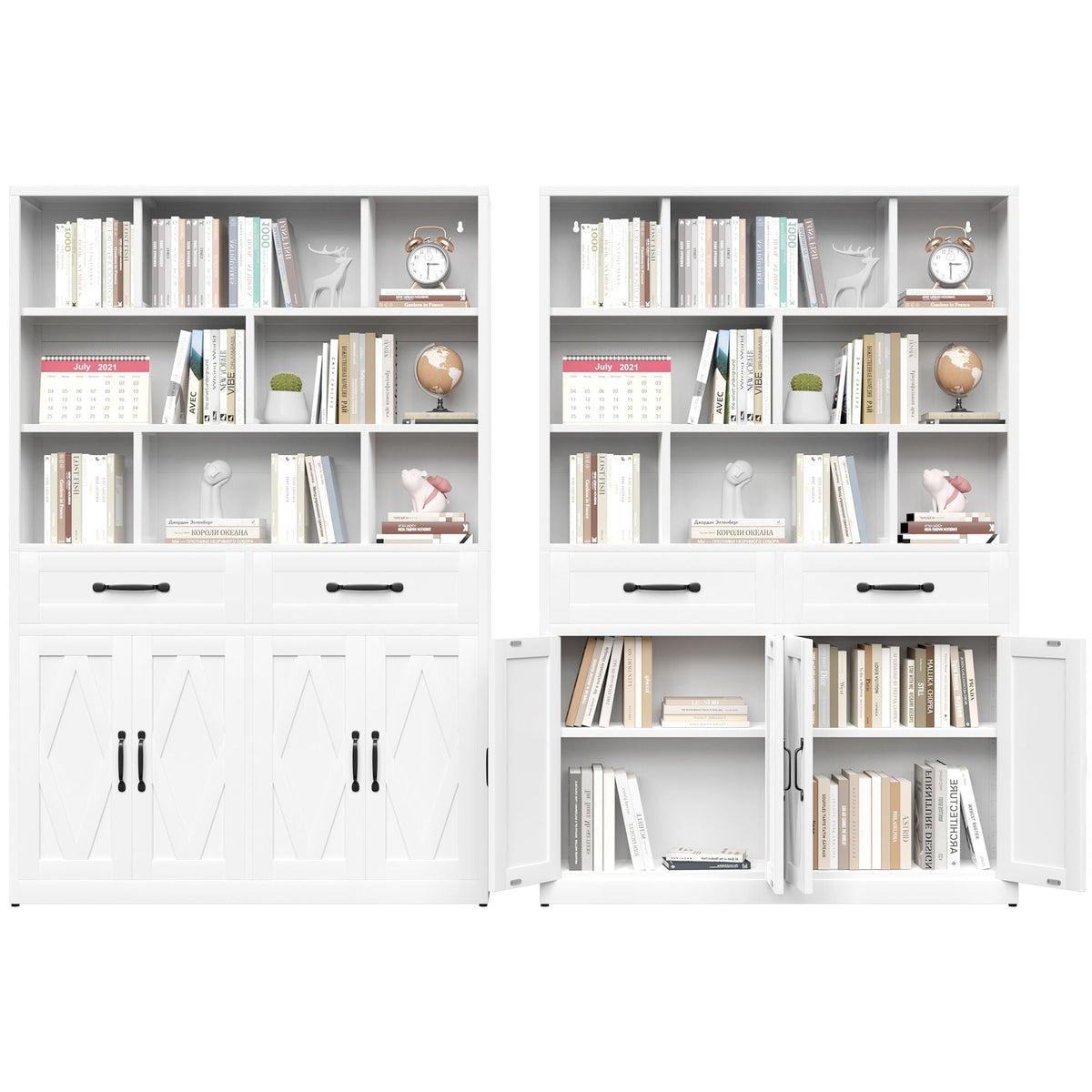 Bookcase Tall With 2 Doors & 2 Drawers, Fixed Open Shelves - White