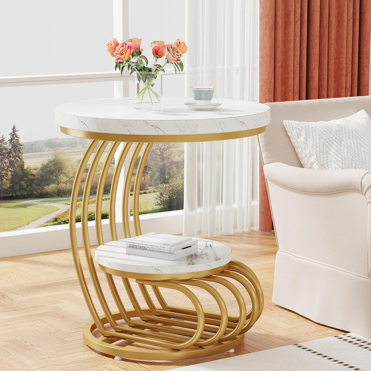 Round Vintage End Table with 2 Tier Storage - Dark Brown, Light Brown, White