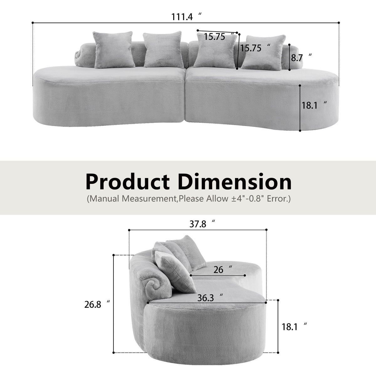 Modern Curved Sofa With Pillows - Fabric Stationary Sofa