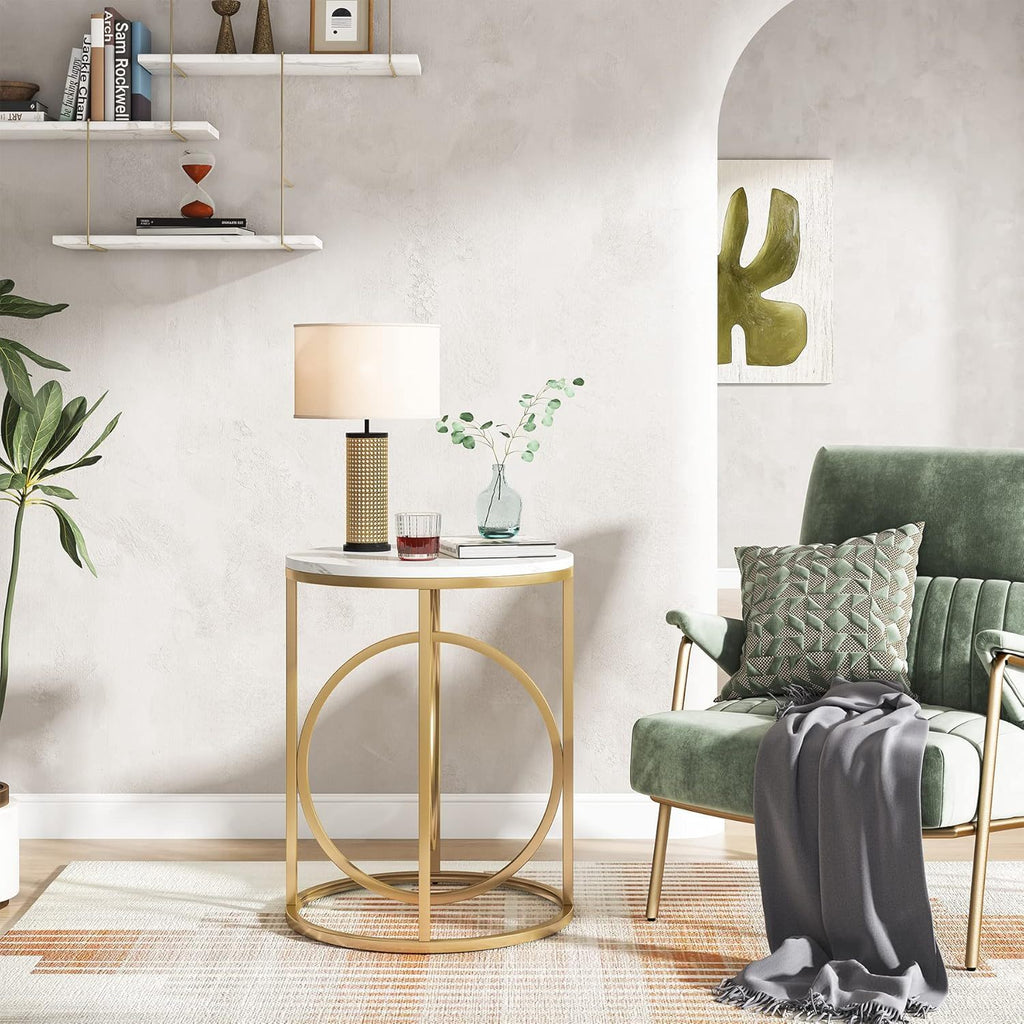 Round End Table with Faux Marble Top - White and Gold