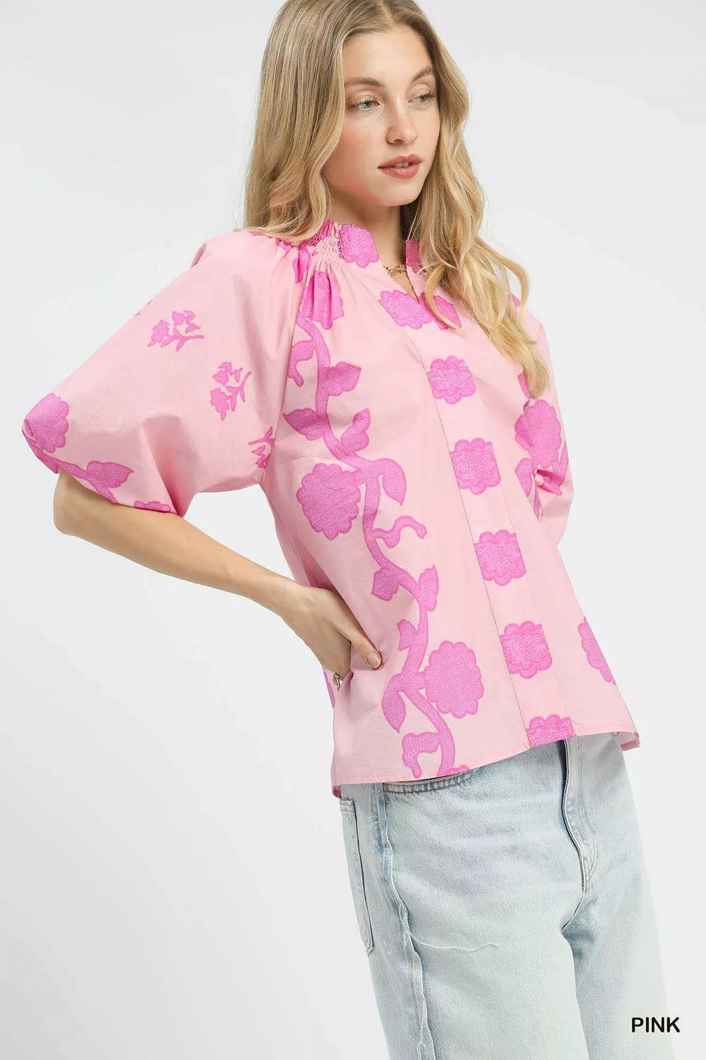Umgee Floral Smocked Notched Puff Sleeve Blouse