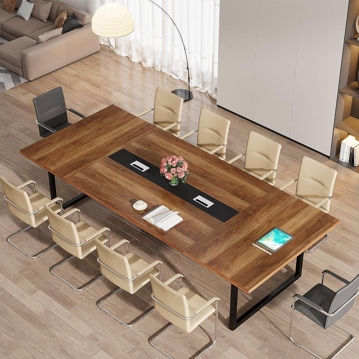 Conference Table for 8–10 People with Cable Management - Brown / Black