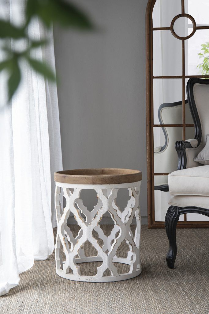 Rustic Round Wooden Side Table with Lattice Detail - Light Brown