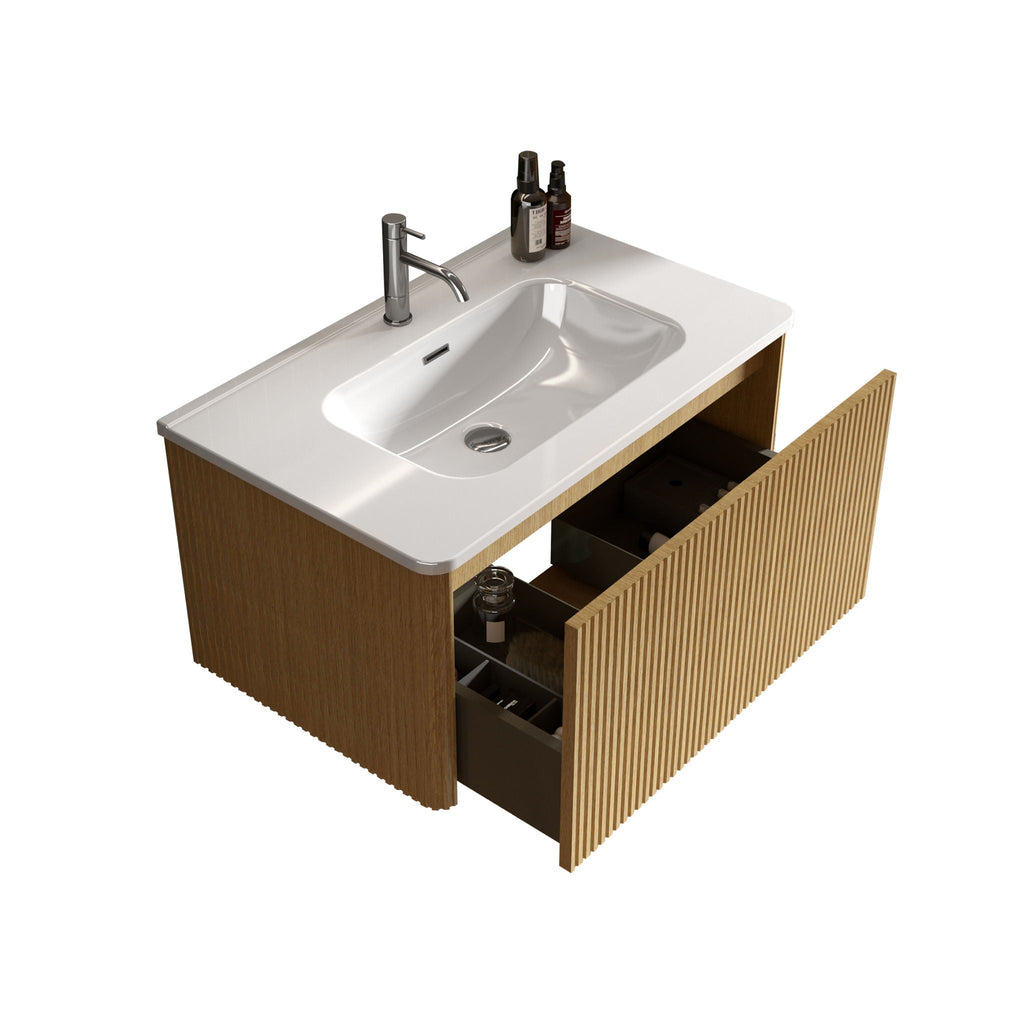 Striped Bathroom Vanity with Ceramic Sink - Wall Mounted, Floating, Curved Safety Edges
