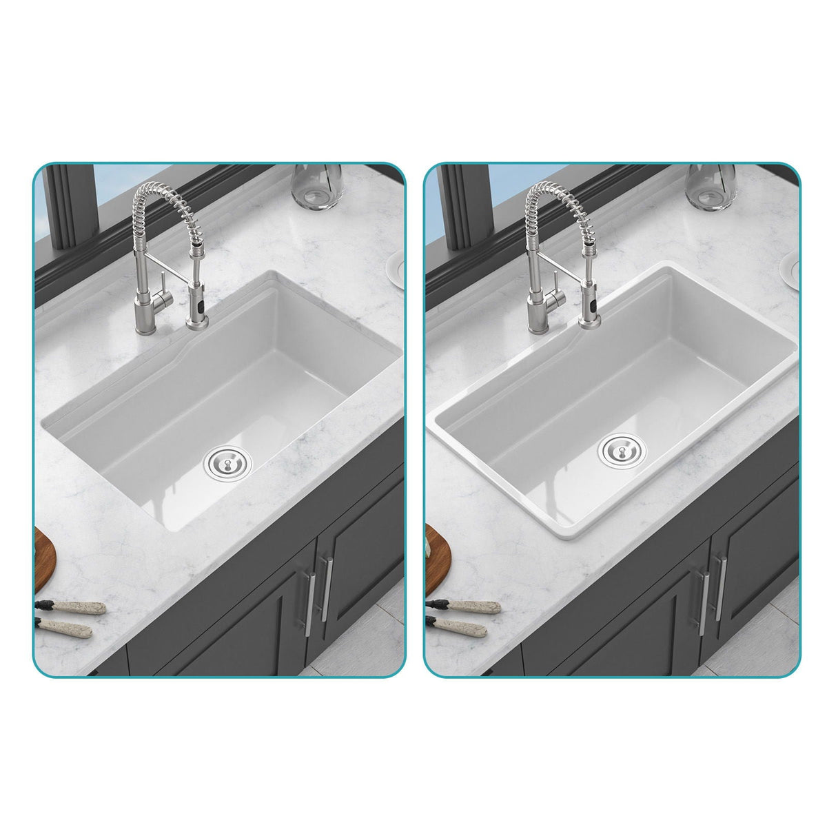 Porcelain Undermount Workstation Single Bowl Kitchen Sink – White