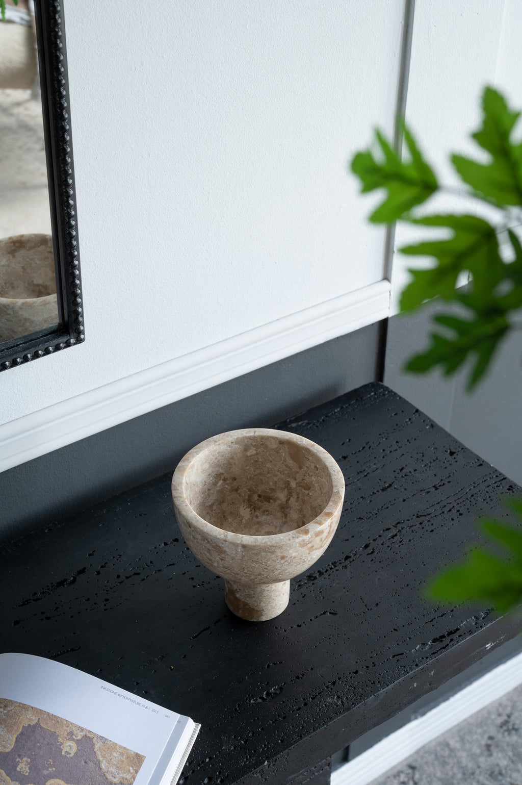 Round Marble Pedestal Bowl with Cylindrical Base - Cream