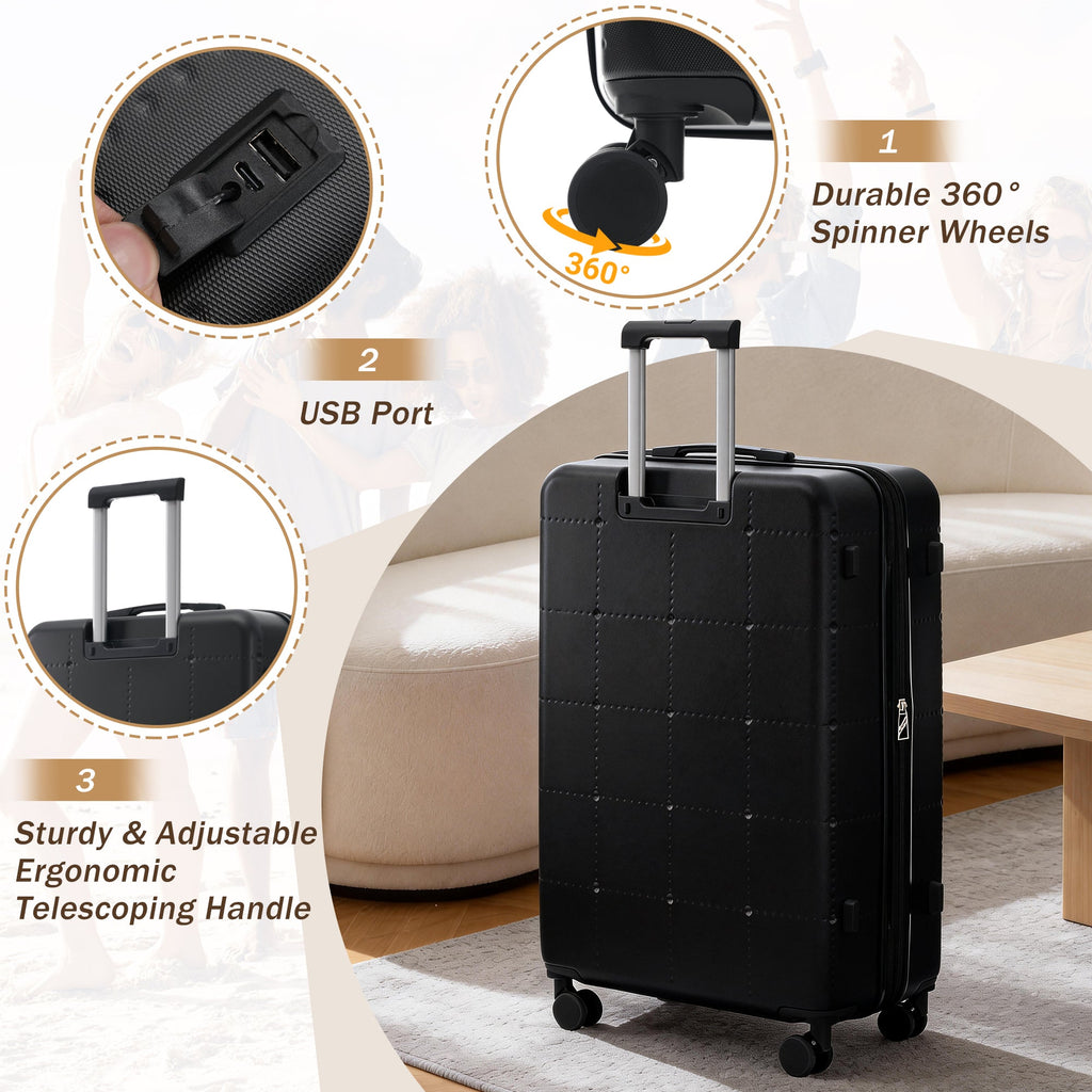 Hardside Luggage Set 5 Piece with USB Port & TSA Lock - Black