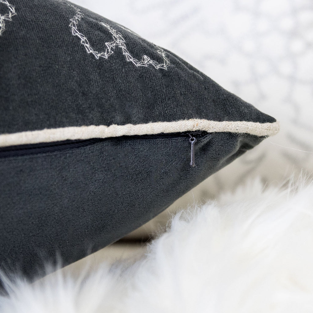 Gray Velvet Holiday Throw Pillow with Snowflake Embroidery - Gray
