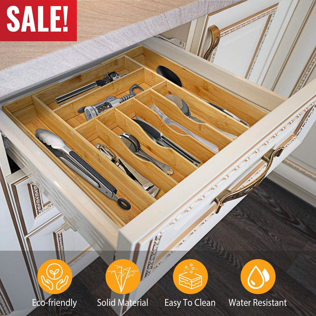 Bamboo Drawer Divider Kitchen Expandable Cutlery Tray Organizer Utensil Holder w/ Grooved Dividers