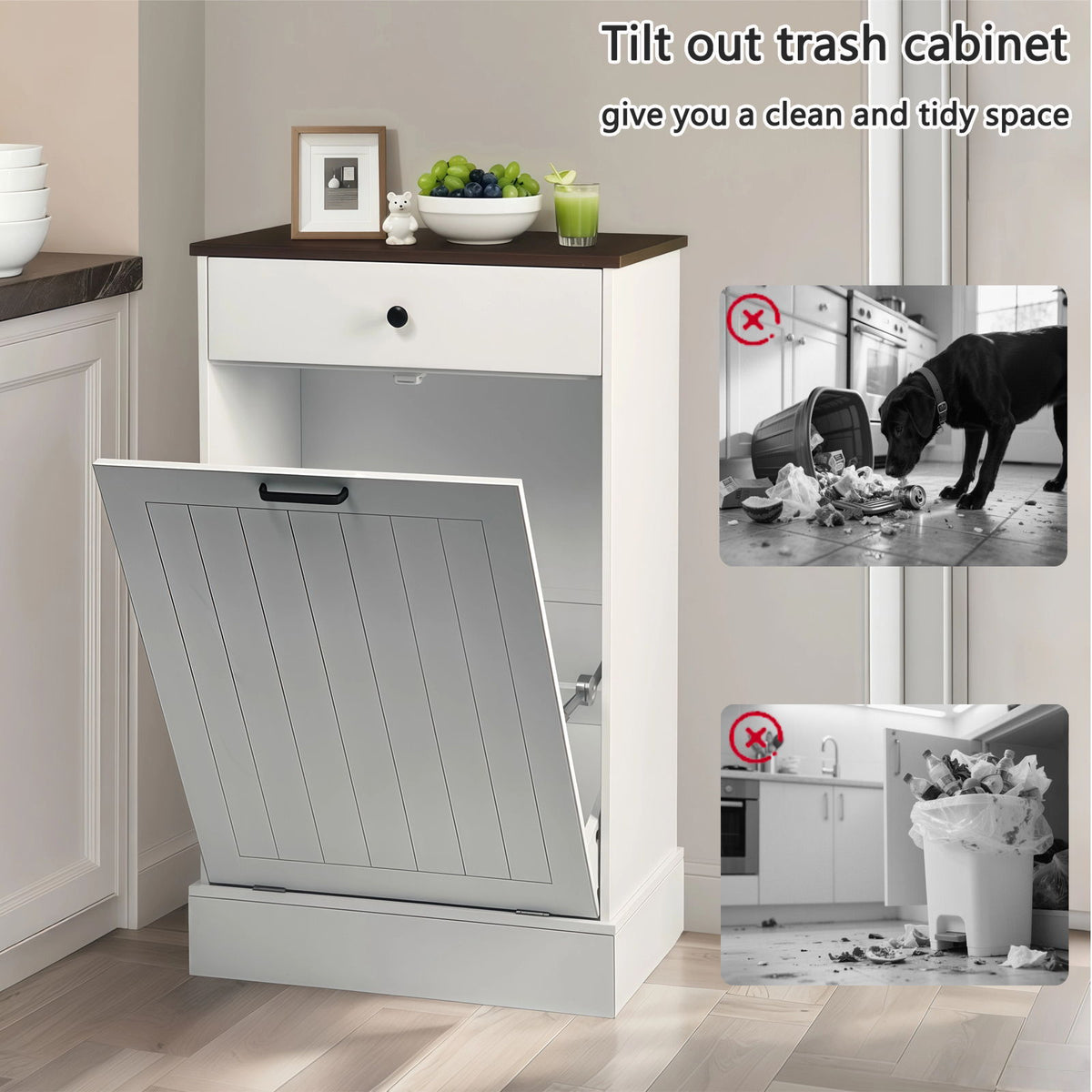 Tilt Out Trash Cabinet With Drawer, 10 Gallon Hamper - White