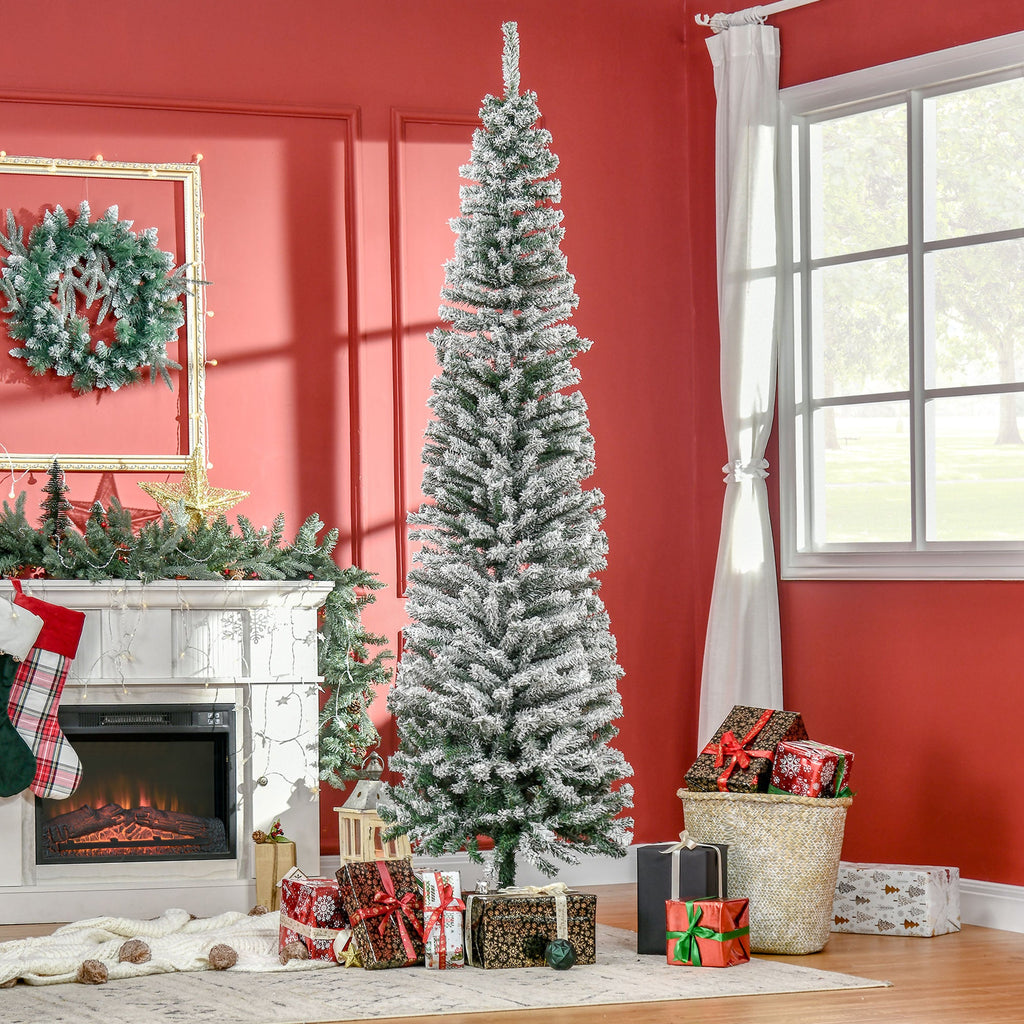 7.5' Tall Slim Artificial Christmas Tree with Snow-Flocked Branches - White