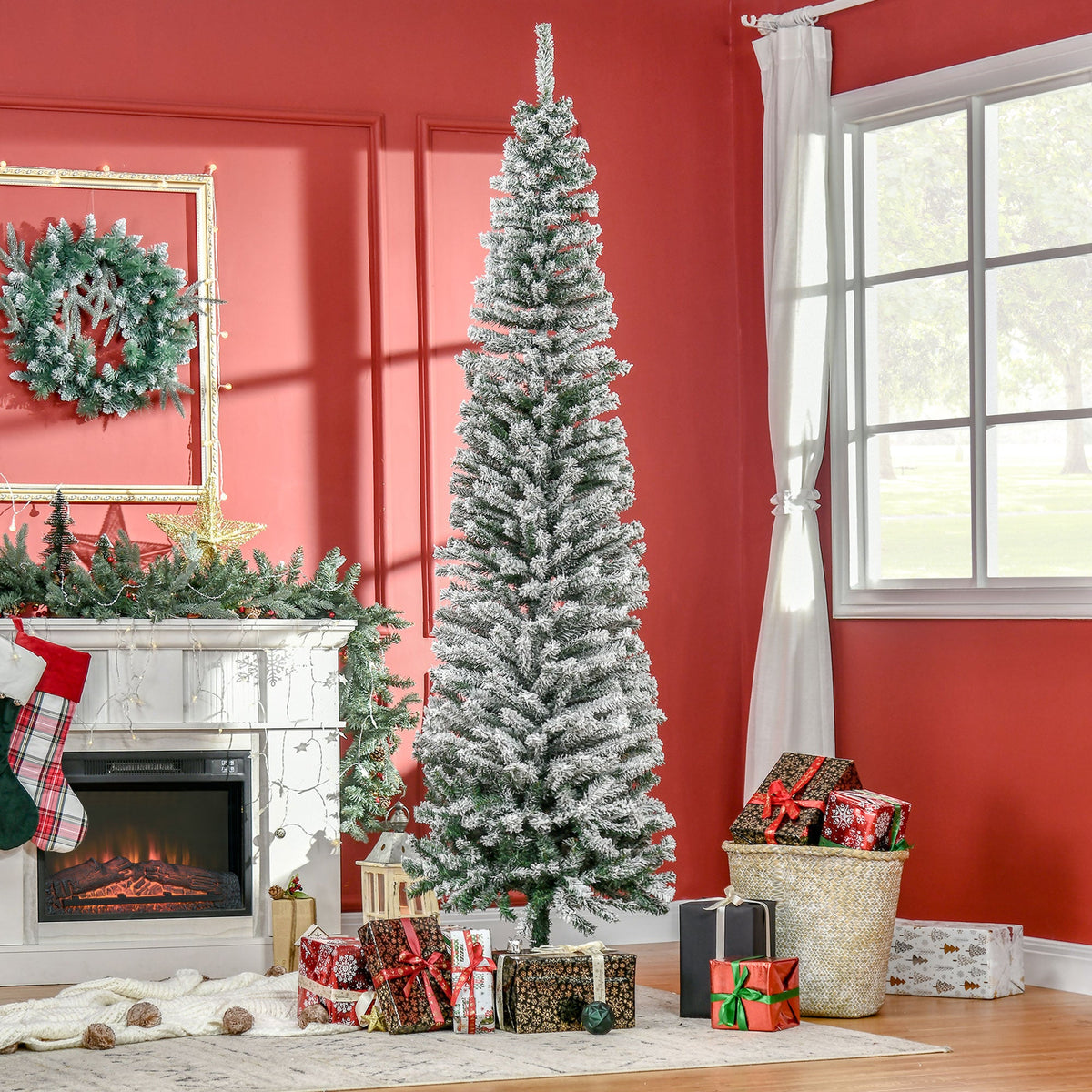 7.5' Tall Slim Artificial Christmas Tree with Snow-Flocked Branches - White