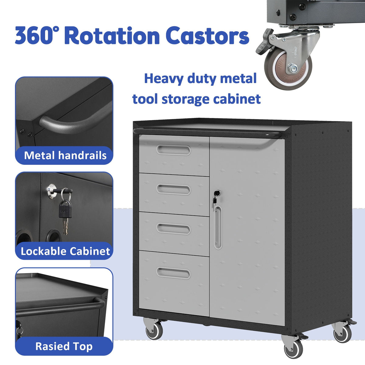 Sturdy Metal Tool Storage Cabinet with Lockable Wheels and Drawers - Gray or Black
