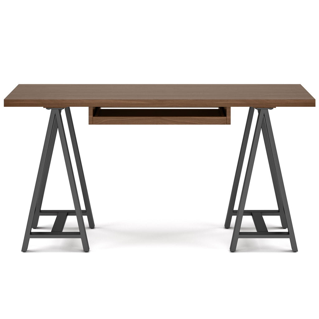 Handcrafted Solid Writing Desk with Sawhorse Metal Supports - Dark Brown