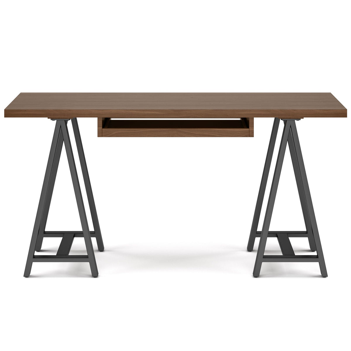 Handcrafted Solid Writing Desk with Sawhorse Metal Supports - Dark Brown