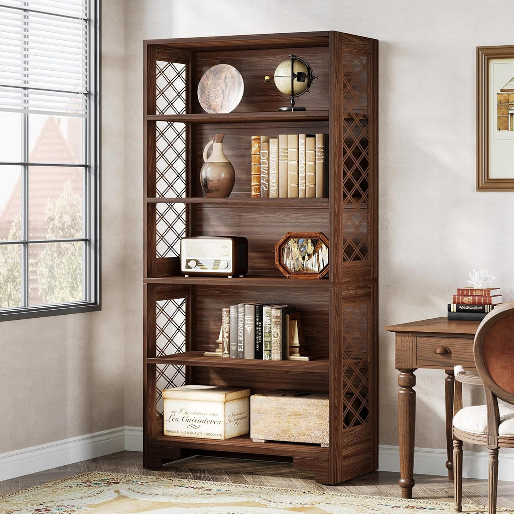 6 Tier Brown Mid Century Bookcase with X Design - Brown