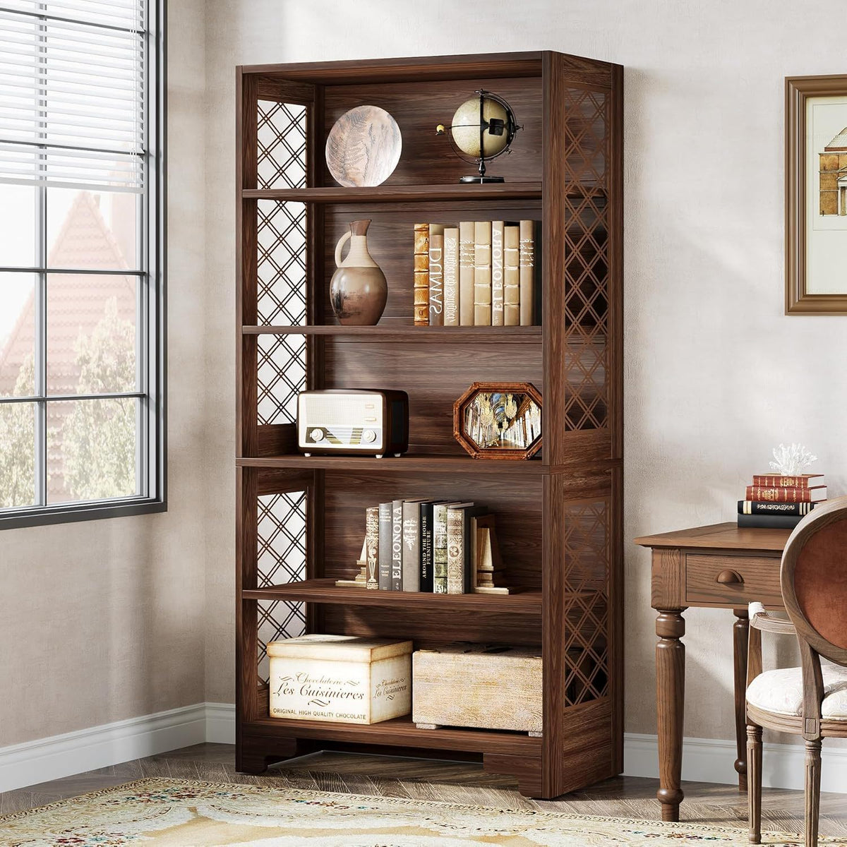 6 Tier Brown Mid Century Bookcase with X Design - Brown