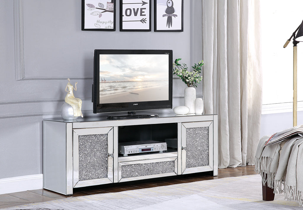 Mirrored TV Stand with Faux Diamonds and Storage - Silver